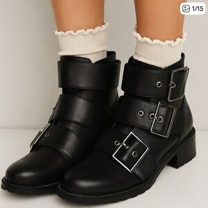 Blondo Camila Waterproof Black Leather Triple Buckle Moto Boots 9